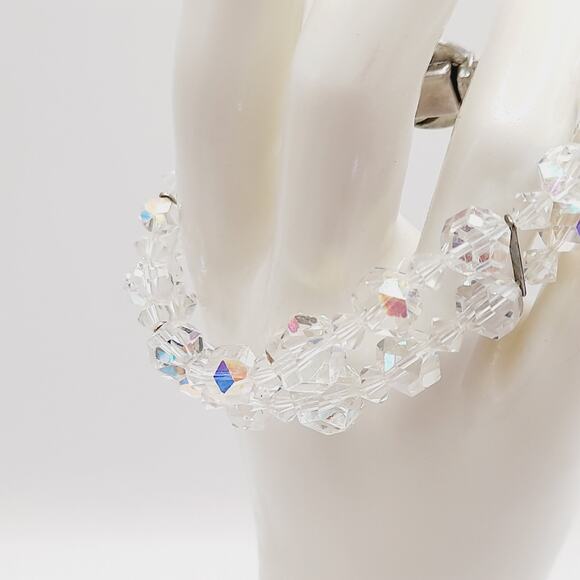 Vintage 1950s Wedding Bracelet, Aurora Borealis Crystal Beads, Rhinestone Clasp - Picture 8 of 14